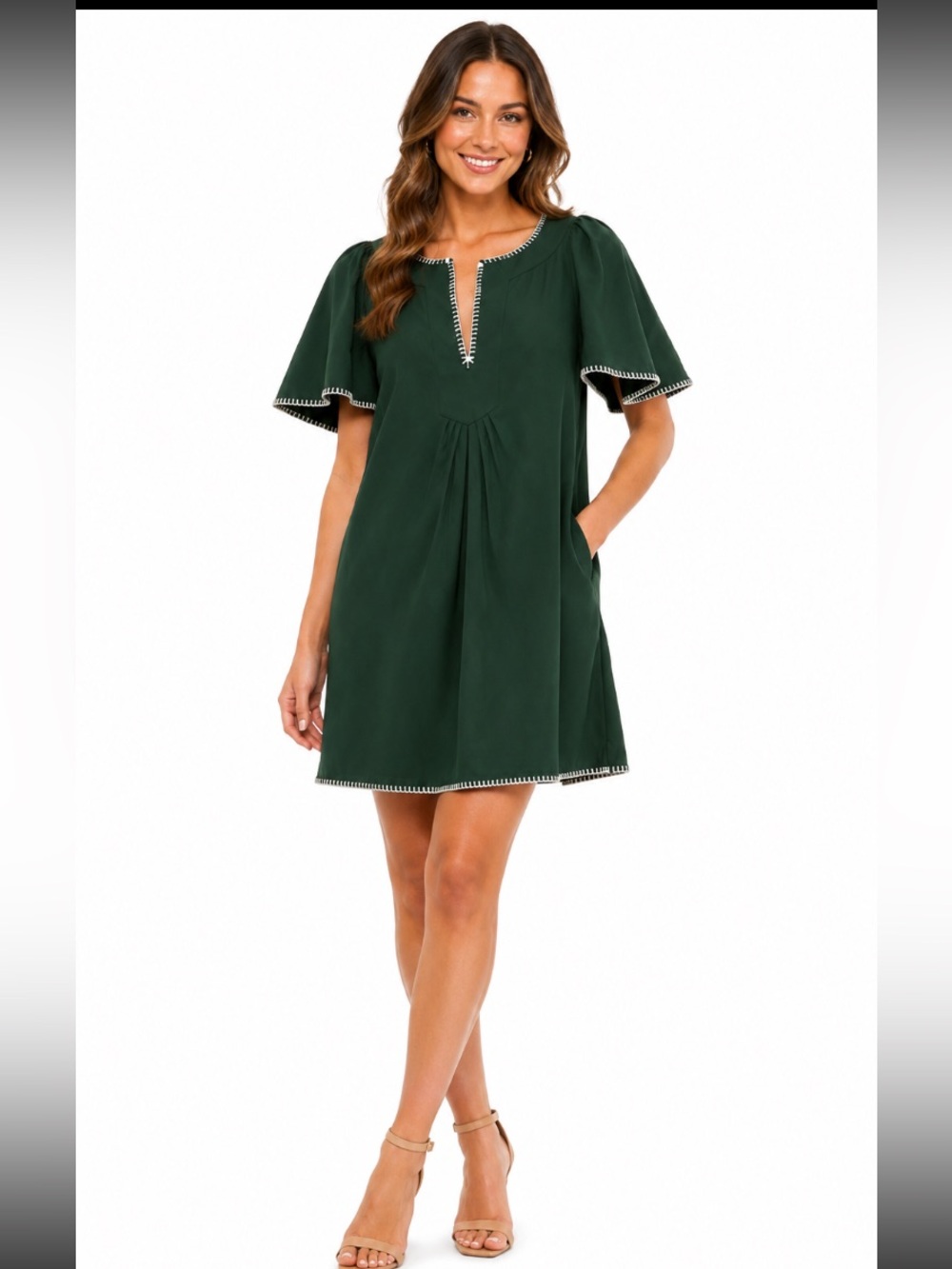 Tuckernuck Pomander Place Dark Green Stitch Finley Flutter Sleeve Dress NWT S